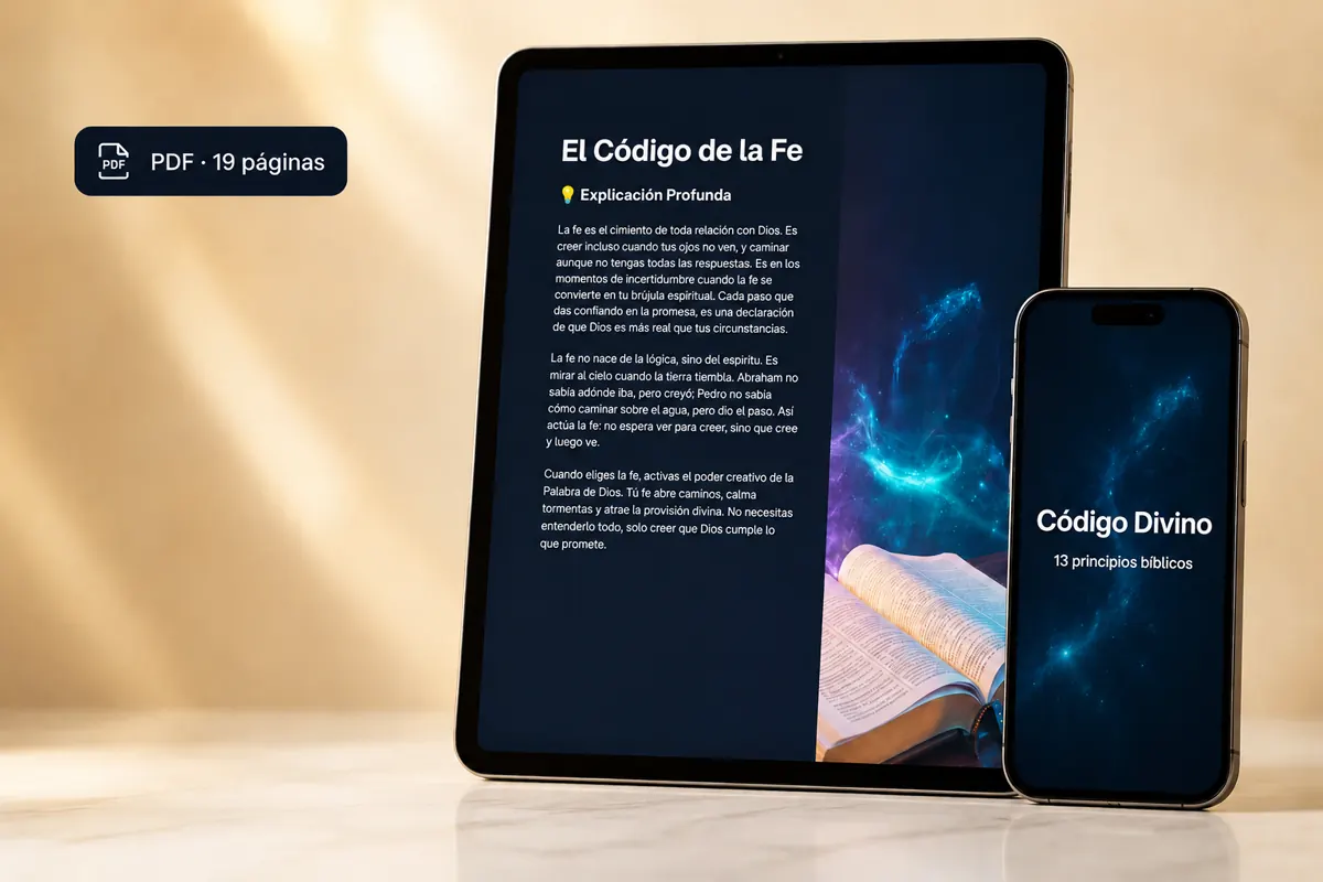 Vista del PDF Código Divino en una tableta y un teléfono, con 19 páginas y 13 principios bíblicos